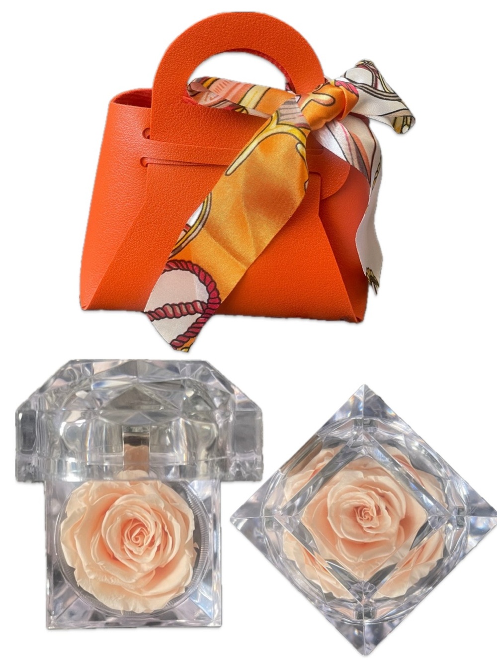 Mini Preserved Pink Rose Acrylic Jewelry Case Orange Gift Bag Scarf Ribbon